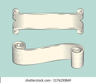 Hand drawn sketch set of ribbons vector icons. Monochrome stripes, scroll and swirl strings, with ragged edges, line art outline style, banner design