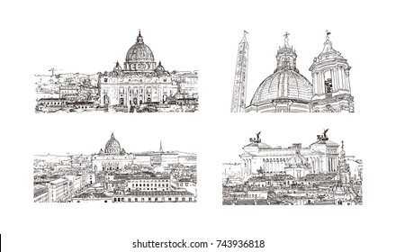 Hand drawn sketch set of Rome Italy. Vector illustration.