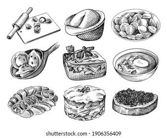 Hand drawn sketch set of Russian cuisine. Board with dumplings and rolling pin, dumplings in plate, dumplings on spoon, Aspic, gelatin dish, borscht with sour cream, Smoked Herring and Potato, salad 