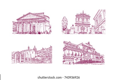 Hand drawn sketch set of Santi Domenico e Sisto, Palazzo delle Esposizioni, Pantheon and Roman Forum Rome Italy. Vector illustration.