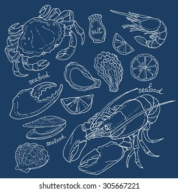 Hand drawn sketch set of seafood. Vector illustration. Squid fish octopus tuna scallop.