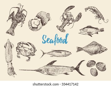 Hand drawn sketch set of seafood. Vector illustrations, retro engraving style