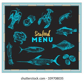 Hand drawn sketch set of seafood. Vector illustrations, retro engraving style. Geographical frame
