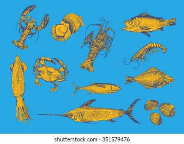 Hand drawn sketch set of seafood. Vector illustrations, retro engraving style. Gold color version.
