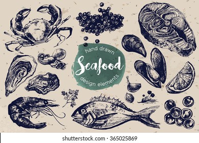 Hand Drawn Sketch Set of Seafood. Vector illustration.
Including crab, red and black caviar, oyster, mussel, shrimp, salmon steak and dorado