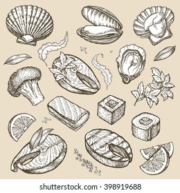 Hand drawn sketch set seafood. Vector illustration