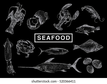 Hand drawn sketch set of seafood. Vector big collection on a black background, vintage engraving style