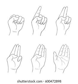 Hand Drawn Sketch Set of Hand Signs Showing The Number One, Two, Three, Four and Five Isolated on White Background.