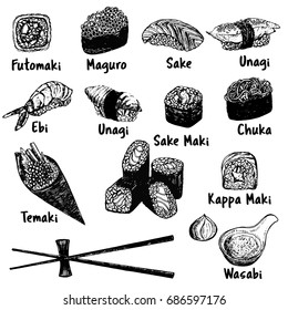 Hand drawn sketch set of sushi. Vector illustration isolated on white background.