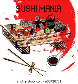 Hand drawn sketch set of sushi. Isolated vector illustration.