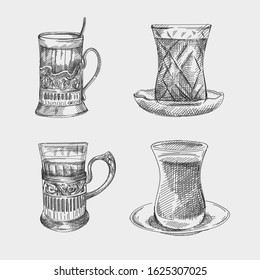 Hand drawn sketch set of tea glasses. Two national pear like glasses used in Azerbaijan culture and two glasses in a tea glass holder used in soviet period.
