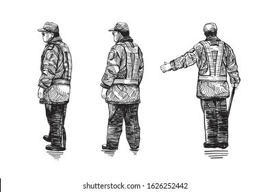 Hand drawn Sketch Set Traffic policeman vector eps10.