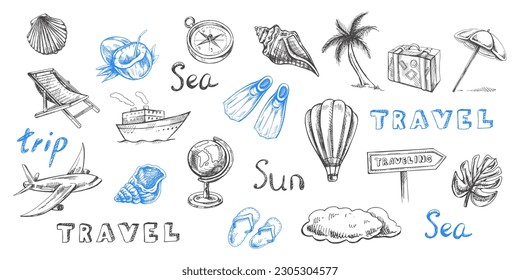 Hand drawn sketch set of travel icons. Sea  Tourism and adventure icons. Сlipart with travelling elements:  transport, palm, seashells,  luggage, beach, diving equipment.