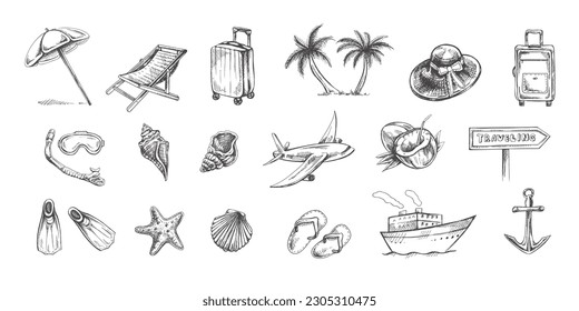 Hand drawn sketch set of travel icons. Sea  Tourism and adventure icons. Сlipart with travelling elements:  transport, palm, seashells,  luggage, beach, diving equipment.