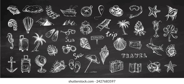 Hand drawn sketch set of travel icons on chalkboard background. Tourism and camping adventure icons. Сlipart with travelling elements: bags, transport, camera, map, palm, seashells.	