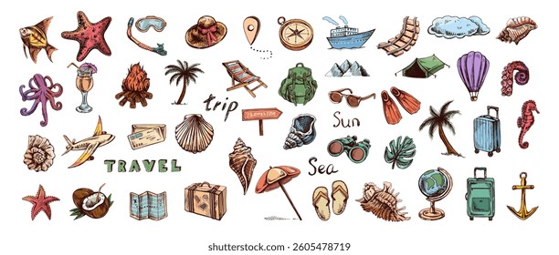 Hand drawn sketch set of travel icons. Tourism and camping adventure icons. Сlipart with travelling elements: bags, transport, camera, map, palm, seashells.	