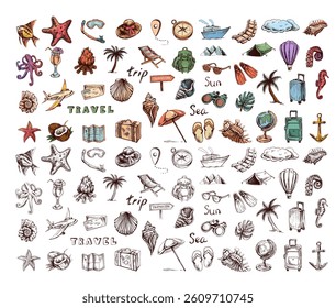 Hand drawn sketch set of travel icons. Tourism and camping adventure icons. Сlipart with travelling elements: bags, transport, camera, map, palm, seashells.	
