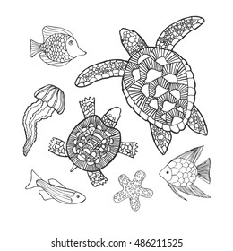 Hand drawn sketch set of turtles, jellyfish and other sea animals. Vector illustration