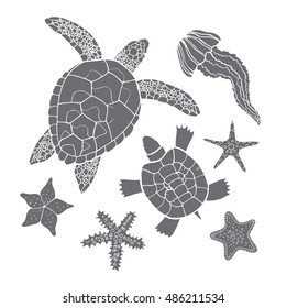 Hand drawn sketch set of turtles, jellyfish and other sea animals. Vector illustration