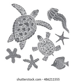 Hand drawn sketch set of turtles, jellyfish and other sea animals. Vector illustration