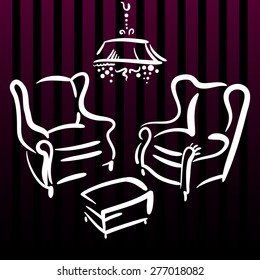 Hand drawn sketch with set of two armchairs, coffee table and luster on the black background with pink stripes.