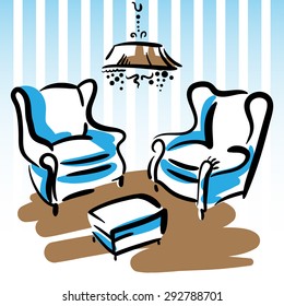 Hand drawn sketch with set of two armchairs, coffee table and luster on the white background with blue stripes.