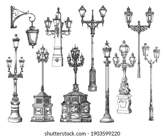 Hand drawn sketch set of urban decorative architectural elements lanterns. Vector illustration for decorating, postcard, posters, design, cards, stickers or room decor, t-shirt, invitation, book