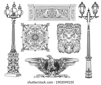 Hand drawn sketch set of urban decorative architectural elements lanterns and lattices. Vector illustration for decorating, postcard, posters, design, cards, stickers or room decor,t-shirt, invitation