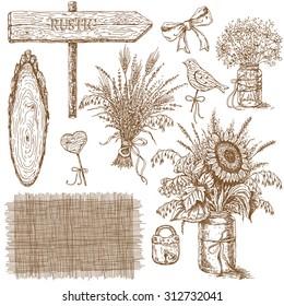 Hand drawn sketch of set of various bouquets and things which associate with rustic style. The image can be used as an illustration for wedding design.