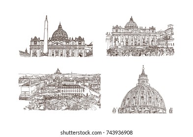 Hand drawn sketch set of Vatican City, Rome Italy. Vector illustration.