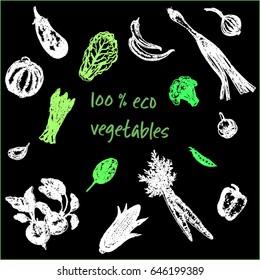 Hand drawn sketch set of vegetables. Vector illustration isolated on black background.