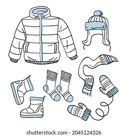 Hand drawn sketch set of winter casual warm clothes, scarf, hat, mittens, socks, boots, jacket isolated on white background. vector doodle illustration. Design for sale banner, flyer, card