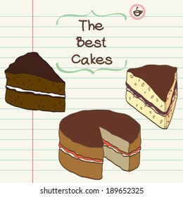 Hand drawn sketch of several pieces of cake with place for a text. Vintage style vector illustration.