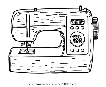 Hand drawn sketch Sewing machine modern. Isolated on a white background. Side view. For your design, vector illustration