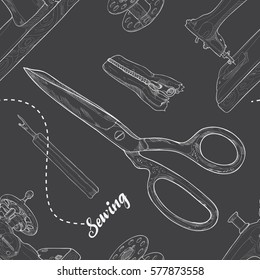Hand drawn sketch sewing seamless pattern. Vector illustration background