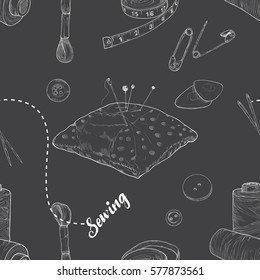 Hand drawn sketch sewing seamless pattern. Vector illustration background
