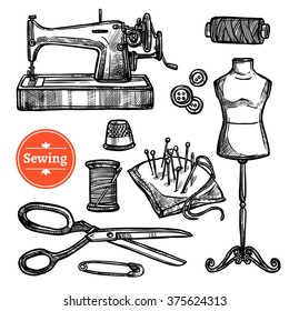 Hand drawn sketch sewing set with mannequin scissors thimble pins buttons sewing machine symbols isolated vector illustration