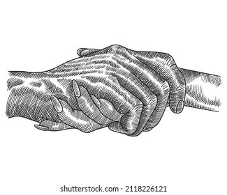 Hand drawn sketch of hand shake man and woman. Vintage Vector Illustration