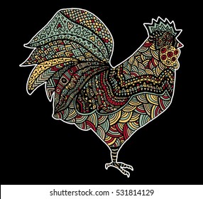 Hand drawn sketch in the shape of a rooster covered with multiple detailed patterns colored with diffrent colors, template for New Year's greetings