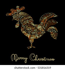 Hand drawn sketch in the shape of a rooster covered with multiple detailed patterns colored with diffrent colors, greetings lettering for New Year and Christmas
