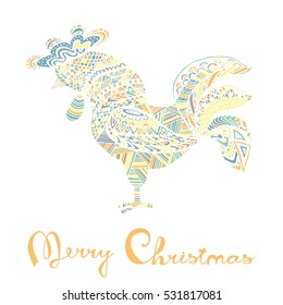 Hand drawn sketch in the shape of a rooster covered with multiple detailed patterns colored with diffrent colors, greetings lettering for New Year and Christmas