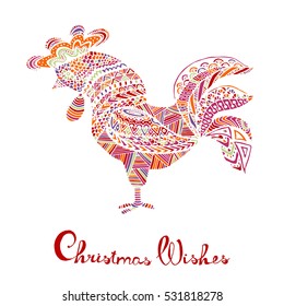 Hand drawn sketch in the shape of a rooster covered with multiple detailed patterns colored with diffrent colors, greetings lettering for New Year and Christmas