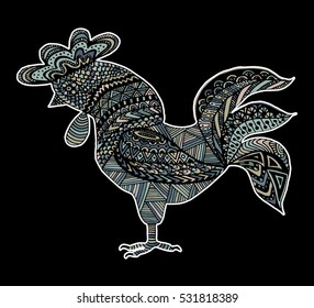 Hand drawn sketch in the shape of a rooster covered with multiple detailed patterns colored with diffrent colors, template for New Year's greetings