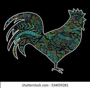 Hand drawn sketch in the shape of a rooster covered with multiple detailed patterns colored with diffrent colors, template for New Year's greetings