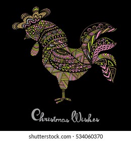 Hand drawn sketch in the shape of a rooster covered with multiple detailed patterns colored with diffrent colors, greetings lettering for New Year and Christmas