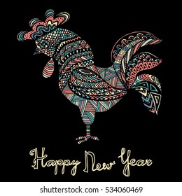 Hand drawn sketch in the shape of a rooster covered with multiple detailed patterns colored with diffrent colors, greetings lettering for New Year and Christmas
