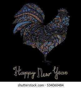Hand drawn sketch in the shape of a rooster covered with multiple detailed patterns colored with diffrent colors, greetings lettering for New Year and Christmas