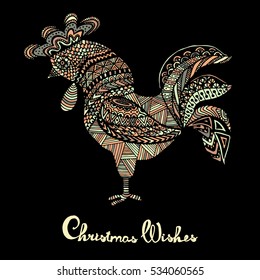 Hand drawn sketch in the shape of a rooster covered with multiple detailed patterns colored with diffrent colors, greetings lettering for New Year and Christmas