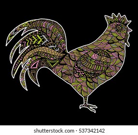 Hand drawn sketch in the shape of a rooster covered with multiple detailed patterns colored with diffrent colors, template for New Year's greetings