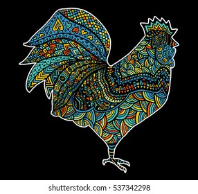 Hand drawn sketch in the shape of a rooster covered with multiple detailed patterns colored with diffrent colors, template for New Year's greetings